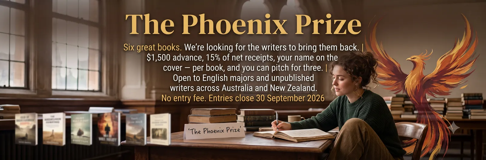 The Phoenix Prize — a house-author competition. Entries open 1 August 2026.